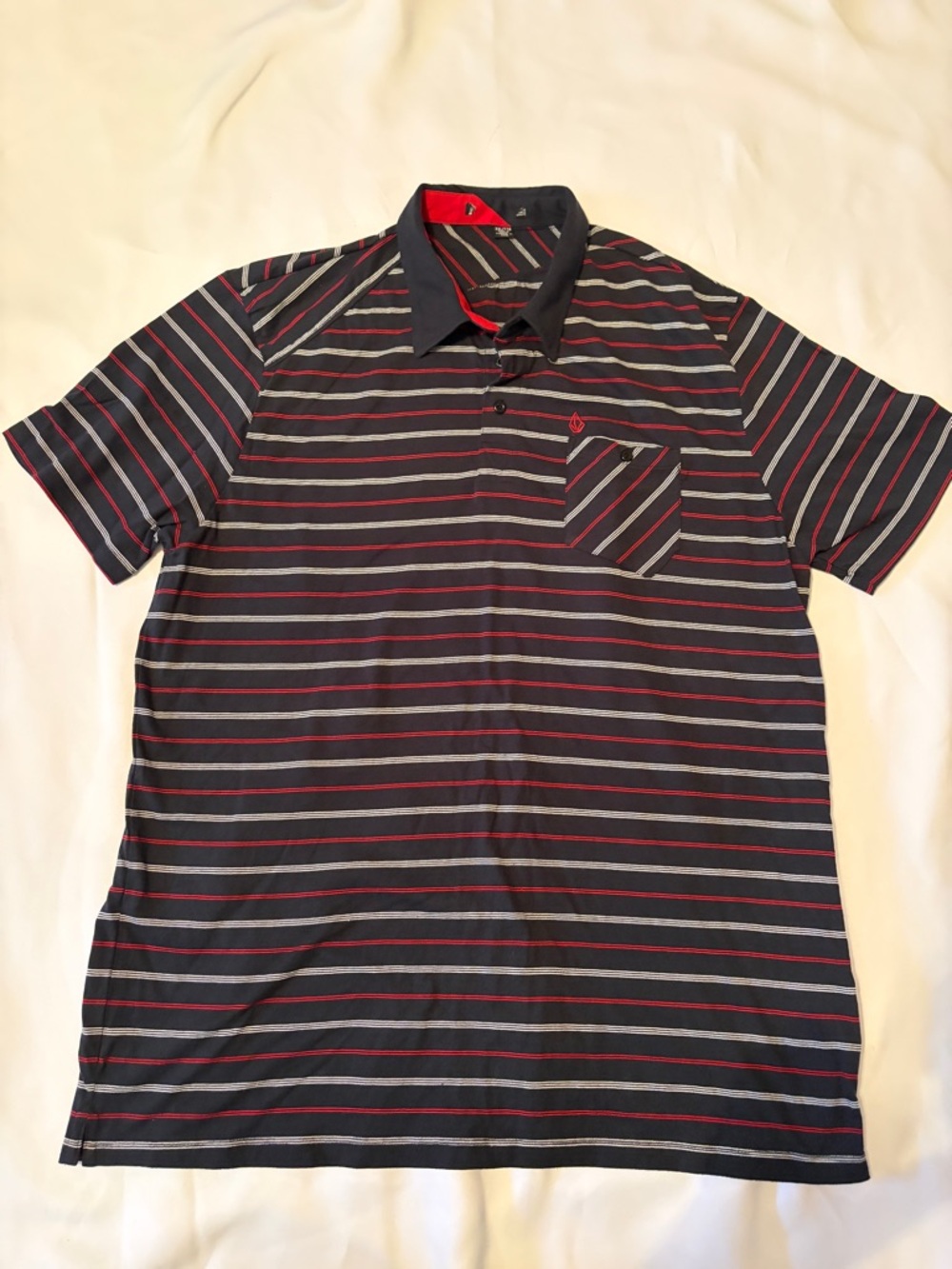 Volcom Navy Polo with Red & Light Gray Stripes